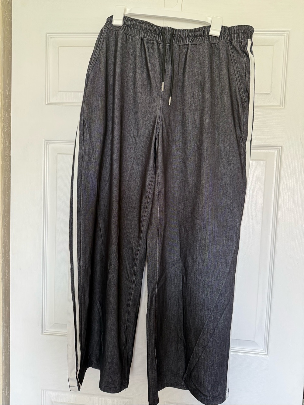 Halara Black Wide Leg Track Pants with White Side Stripes